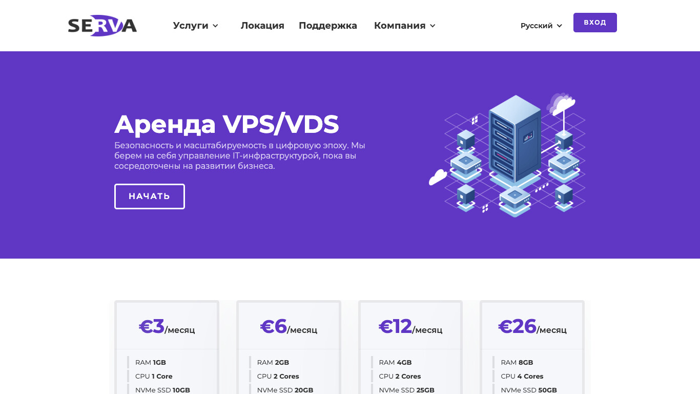 Скриншот хостера Serva