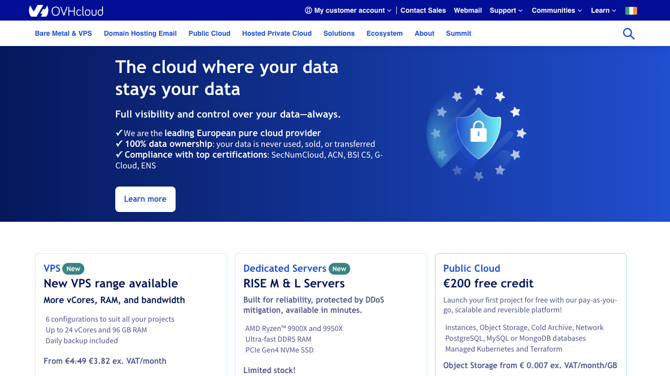 Скриншот хостера OVH