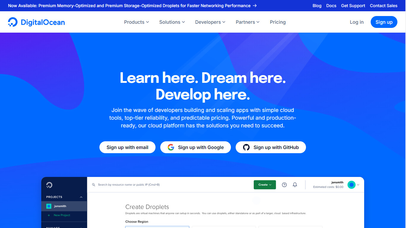 Скриншот хостера DigitalOcean