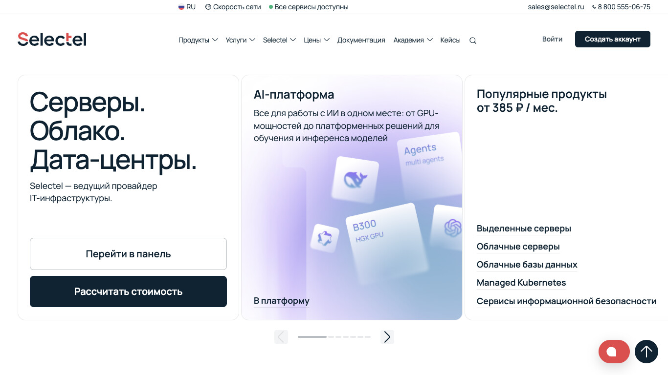Скриншот хостера Selectel